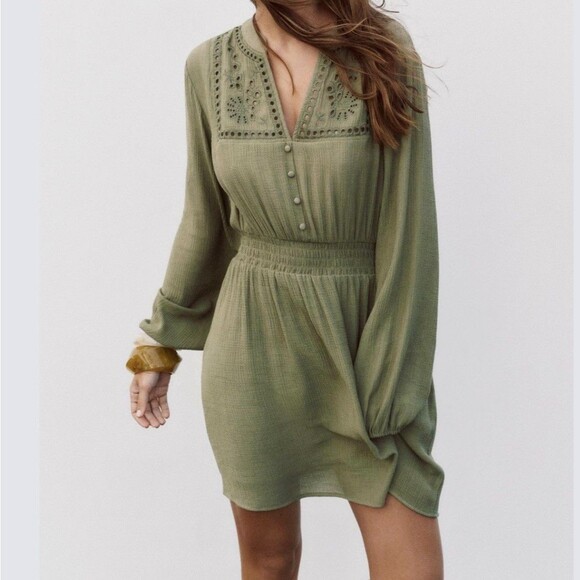 Zara Dress Womens Size Medium Embroidered Lined Khaki Green Long Sleeve Mini - Picture 1 of 11